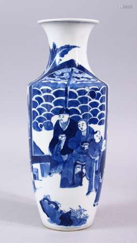 A 19TH CENTURY CHINESE BLUE & WHITE PORCELAIN VASE, decorated with figures in a Kangxi style