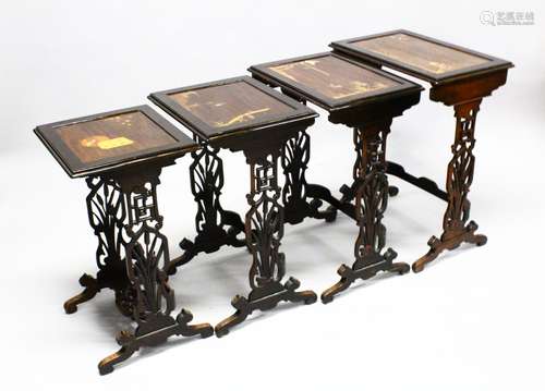 A SET OF FOUR CHINESE 20TH CENTURY INLAID NEST OF TABLES, the tops inlaid with bone and abalone