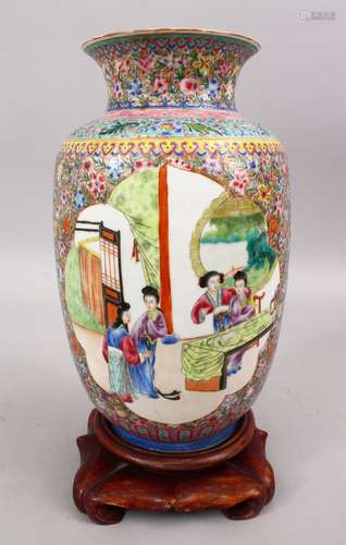 A GOOD CHINESE REPUBLIC PERIOD FAMILLE ROSE PORCELAIN LANTERN VASE & STAND, decorated with panels of