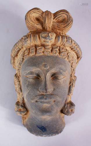 A HEAVY & FINE CARVED STONE HEAD OF GHANDARA , 33cm x 21cm