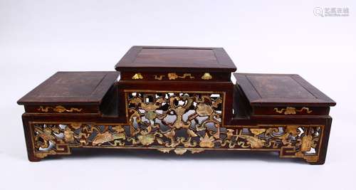 A FINE 19TH CENTURY CHINESE THREE TIER CARVED HARDWOOD & MOTHER OF PEARL STAND, the carved panels