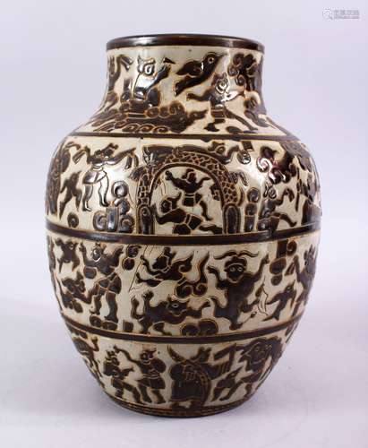 A LARGE CHINESE BISCUIT GROUND POTTERY VASE, decorated upon a biscuit ground with scenes of