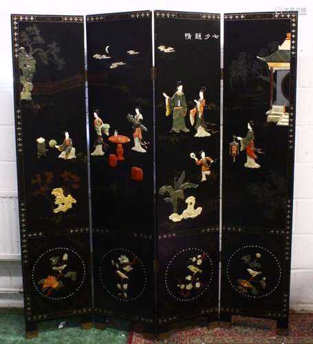 A GOOD 19TH / 20TH CENTURY CHINESE FOUR FOLD HARDSTONE ROOM DIVIDING SCREEN, inlaid with carved hard