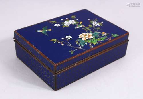 A JAPANESE MEIJI PERIOD BLUE GROUND CLOISONNE HINGED LIDDED BOX, the lid with a blue ground and