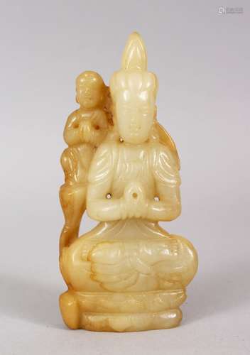 A GOOD CHINESE CARVED JADE FIGURE OF A BUDDHA WITH CHILD, 13cm high.