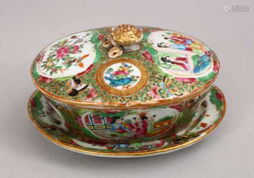 A 19TH CENTURY CHINESE CANTON FAMILLE ROSE PORCELAIN BOX, COVER & TRAY, decorated with panels of