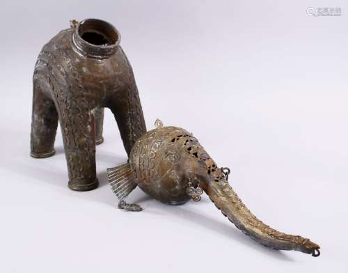 A LARGE INDIAN BRONZE FIGURE OF AN ELEPHANT, the elephant probably once a censer, the head de