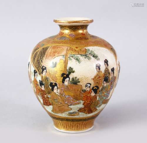 A JAPANESE MEIJI PERIOD SATSUMA GLOBULAR VASE, the body with multi panel decoration depicting