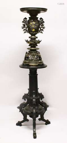 A LARGE JAPANESE MEIJI PERIOD SECTIONAL BRONZE & MIXED METAL INLAID VASE & HARDWOOD STAND, The