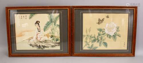 TWO GOOD CHINESE PAINTINGS ON SILK, one painting depicting native flora and butterflies, signed