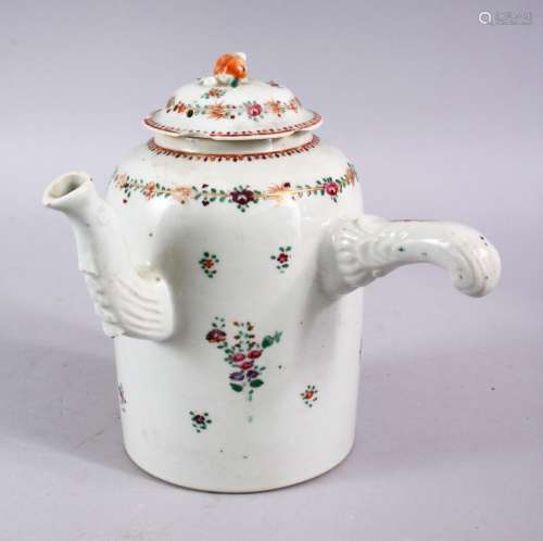 A FINE 18TH CENTURY CHINESE QIANLONG FAMILLE ROSE TEAPOT, with a moulded handle to the side, and