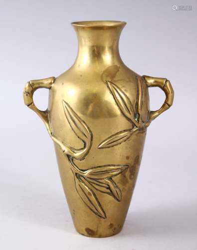 A GOOD 19TH / 20TH CENTURY CHINESE BRONZE BAMBOO TWIN HANDLE VASE, 16CM