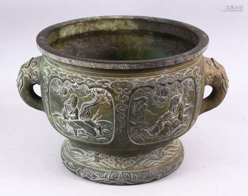 A 19TH CENTURY CHINESE BRONZE IMMORTAL TWIN HANDLED CENSER, with carved panel decoration depicting