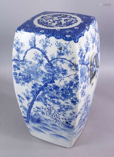 A GOOD JAPANESE MEIJI PERIOD BLUE & WHITE PORCELAIN GARDEN SEAT, with moulded and open handles to