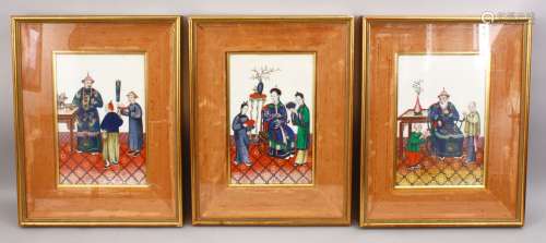 THREE GOOD FRAMED CHINESE 19TH CENTURY PAINTING ON RICE PAPER OF OFFICIALS, the gilt frames