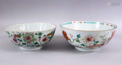 TWO 18TH CENTURY CHINESE PORCELAIN FAMILLE ROSE BOWLS, the smaller with a ribbed body decorated with