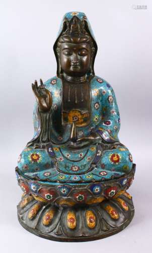 A FINE 19TH CENTURY CHINESE BRONZE & CLOISONNE MODEL OF GUANYIN SEATED UPON LOTUS, guanyin