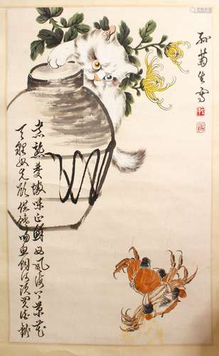 A GOOD 19TH / 20TH CENTURY CHINESE PAINTING OF A CAT AND CRAB - SUN JUSHENG, the cat with two tone