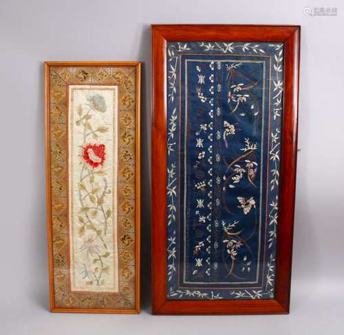 TWO CHINESE EMBROIDERED SILK FRAMED PICTURES, the larger depicting floral decoration with