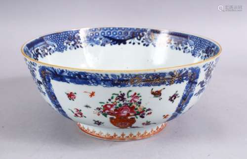 A FINE 18TH CENTURY CHINESE QIANLONG FAMILLE ROSE & UNDERGLAZE BLUE PORCELAIN BOWL, the inner with a
