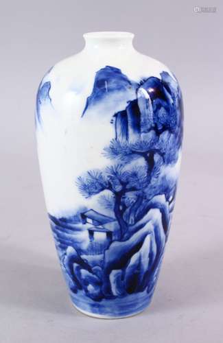 A JAPANESE MEIJI PERIOD BLUE & WHITE PORCELAIN MEIPING STYLE VASE, decorated with native waterside