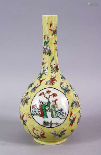 A GOOD 18TH / 19TH CENTURY CHINESE YELLOW GROUND PORCELAIN BOYS VASE, decorated with three main