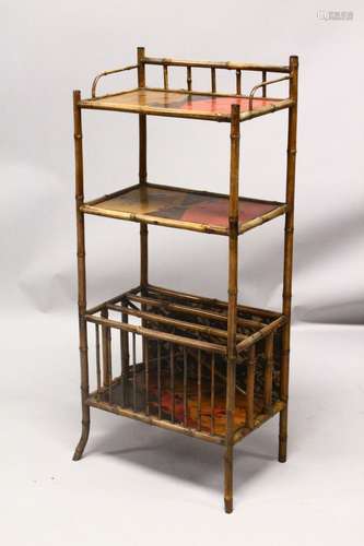 A 19TH CENTURY CHINESE BAMBOO & LACQUER DECORATED WHATNOT, with decorated shelves of birds and