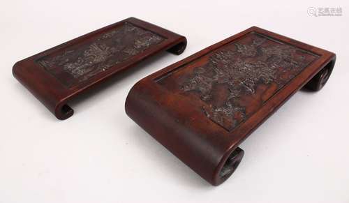 TWO 19TH CENTURY CHINESE CARVED HARD WOOD STANDS, both stands carved depicting native landscape