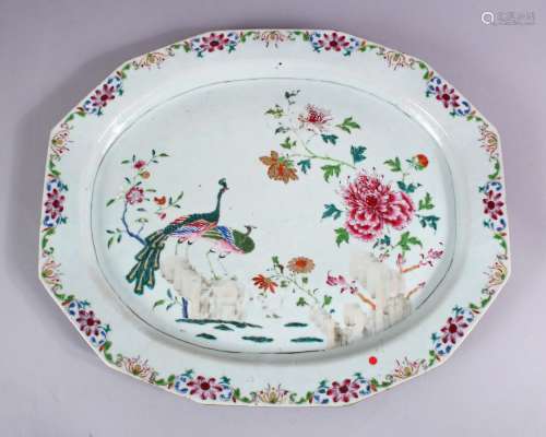 A LARGER 18TH CENTURY CHINESE FAMILLE ROSE PORCELAIN SERVING DISHS, decorated with scenes of