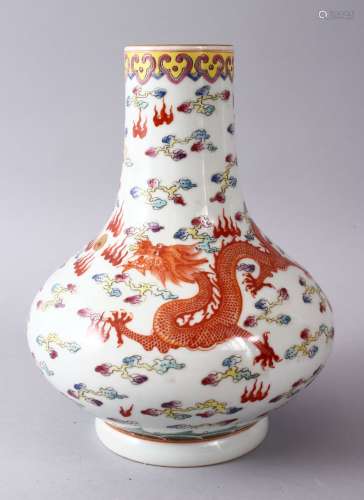 A CHINESE FAMILLE ROSE PORCELAIN BOTTLE SHAPED VASE, decorated with an iron red dragon & phoenix