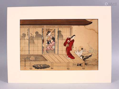 A JAPANESE WOOD BLOCK PRINT PICTURE OF FIGURES ON BALCONY SETTINGS, artist seal and signed, possibly