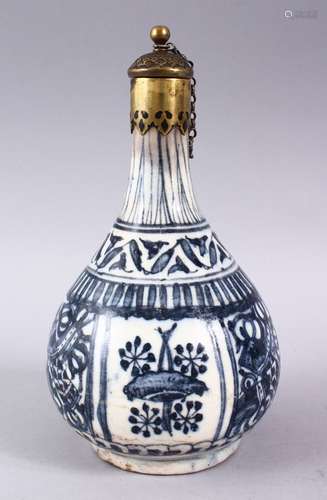 A 17TH CENTURY PERSIAN SAFAVID BLUE & WHITE BOTTLE VASE, decorated with panels of flora, with a