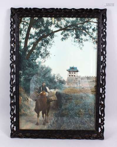 A GOOD 19TH CENTURY CHINESE CARVED HARDWOOD PHOTO FRAME, 42cm x 31cm.