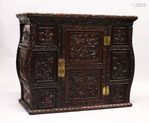 A GOOD 19TH CENTURY CHINESE CARVED HARDWOOD / HONGMU CABINET ON STAND, the cabinet with an opening