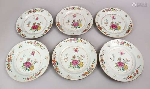 A SET OF SIX CHINESE 18TH CENTURY FAMILLE ROSE PLATES, each with floral decoration, 22.5cm.