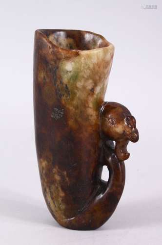 A 20TH CENTURY CHINESE CARVED HARDSTONE LIBATION CUP, carved with the head of a phoenix, 14cm