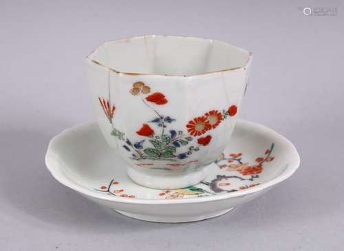 A GOOD JAPANESE MEIJI KAKIEMON STYLE PORCELAIN CUP & SAUCER, Decorated with display of birds amongst