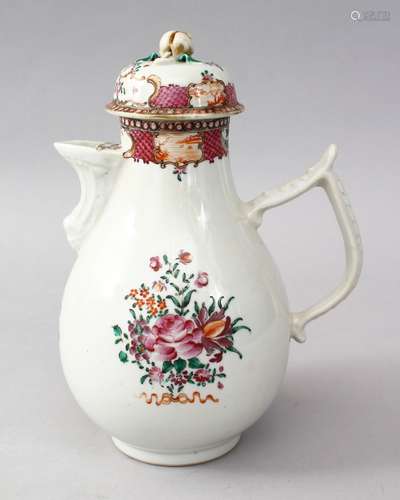 AN 18TH CENTURY CHINESE QIANLONG FAMILLE ROSE PORCELAIN COFFEE POT & COVER, the body of the pot