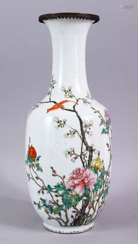 A CHINESE REPUBLIC FAMILLE ROSE PORCELAIN VASE, decorated with scenes of birds amongst native