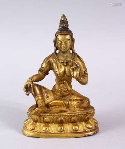 A GOOD CHINESE QING DYNASTY GILT BRONZE FIGURE OF BUDDHA, in a seated position upon a lotus form