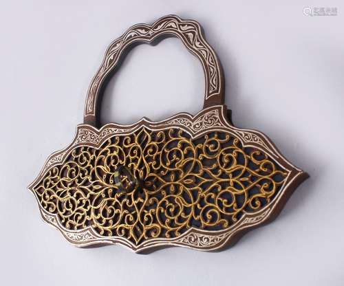 A FINE ISLAMIC QAJAR GOLD & SILVER INLAID OPENWORK LOCK AND KEY, finely inlaid with gold and silver,