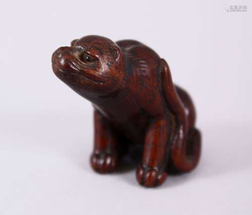 A GOOD JAPANESE MEIJI PERIOD CARVED WOOD NETSUKE OF A TIGER IN THE STYLE OF HAKURYA, the tiger in