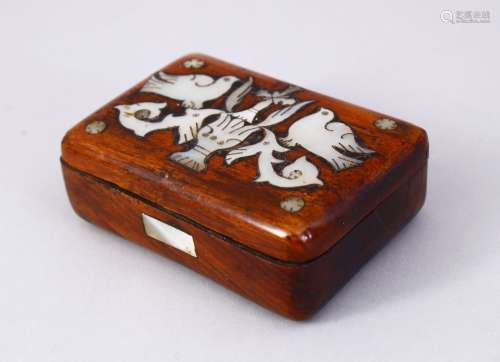A 19TH CENTURY BETHLEHEM OLIVEWOOD BOX, inlaid with mother of pearl decoration, 9cm wide.