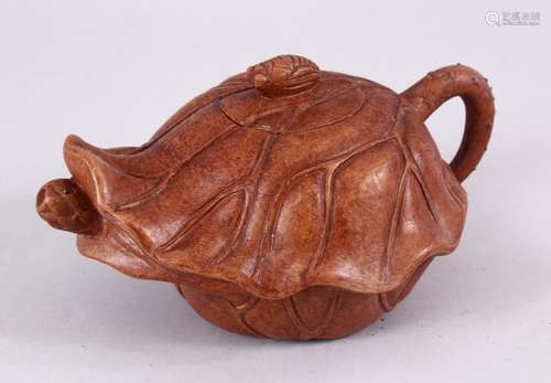 A CHINESE YIXING CLAY TEAPOT IN THE FORM OF A LEAF, the handle formed with thorns, with an insect