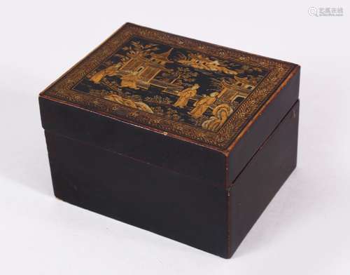 A 19TH / 20TH CENTURY CHINESE LACQUER LIDDED BOX, decorated with figures in village scenes, 11.5cm x