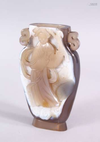 A 19TH / 20TH CENTURY CHINESE CARVED AGATE OVERLAID VASE - GUANYIN, the vase depicting and