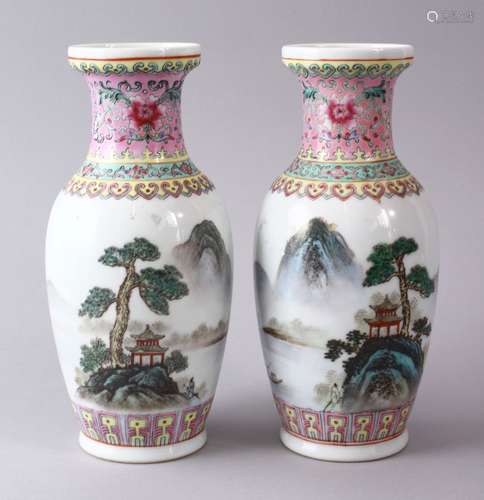 A PAIR OF CHINESE REPUBLIC STYLE FAMILLE ROSE PORCELAIN VASES, decorated with landscape scenes