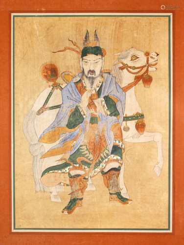 AN 18TH / 19TH CENTURY CHINESE PAINTING OF A GENERAL UPON HORSEBACK, the paining depicting a general