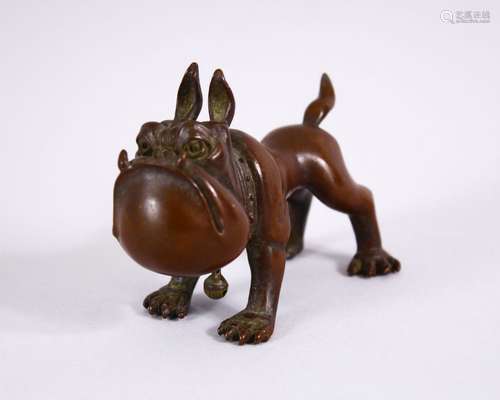 A JAPANESE BRONZE FIGURE OF A BULLDOG, Wit a bell to its collar, signed to base, 8.5cm.