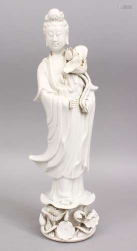 A GOOD 19TH / 20TH CENTURY CHINESE BLANC DE CHINE FIGURE OF GUANYIN, 36cm high.